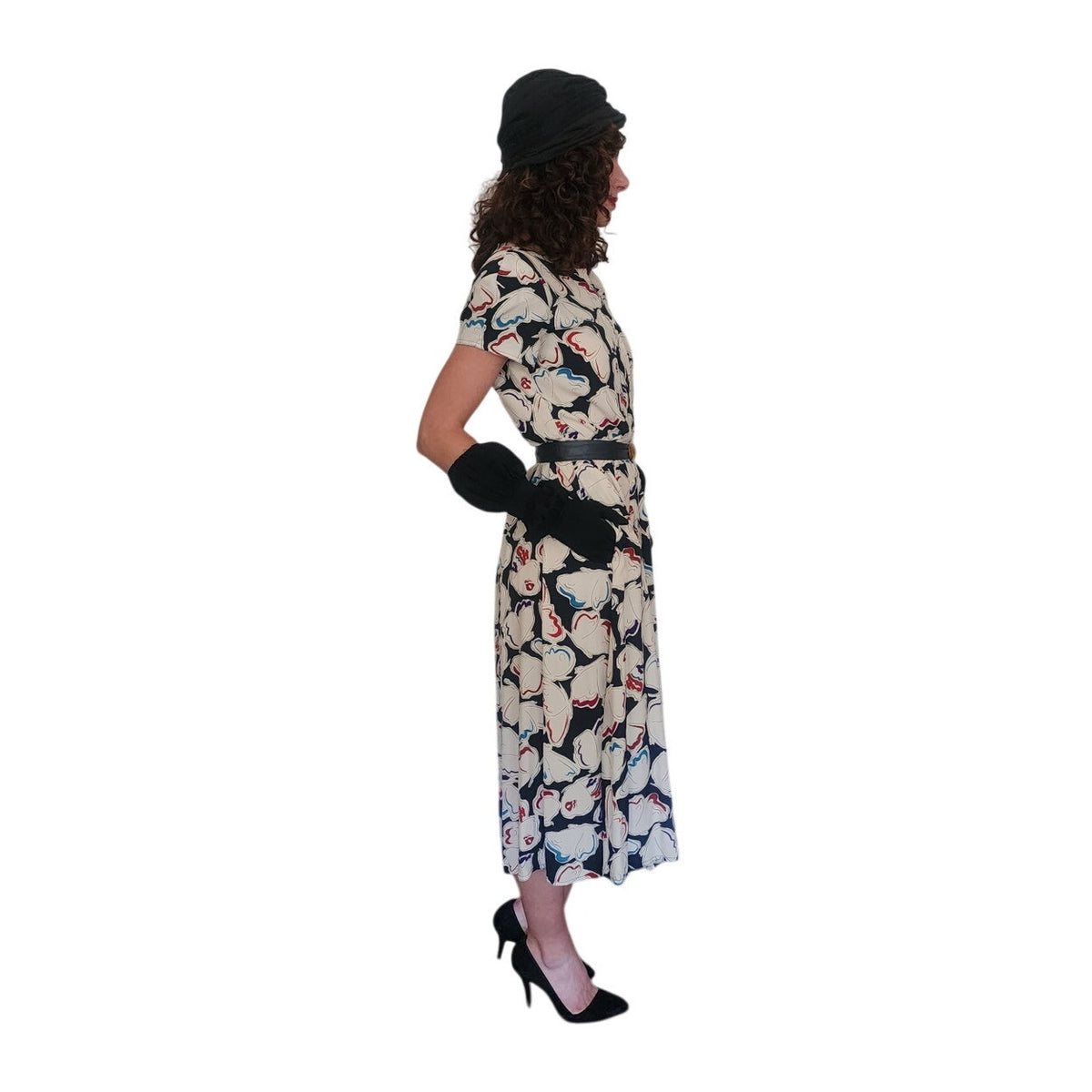 Vintage 1980s Krizia Dress Silk Abstract Print Puff Sleeves Open Back Midi IT 40