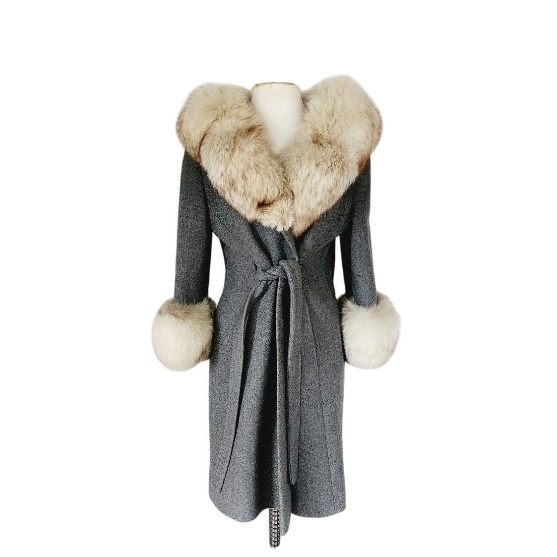60s Gray Wrap Coat w/Cream Fox Fur Collar & Cuffs Gino Rossi