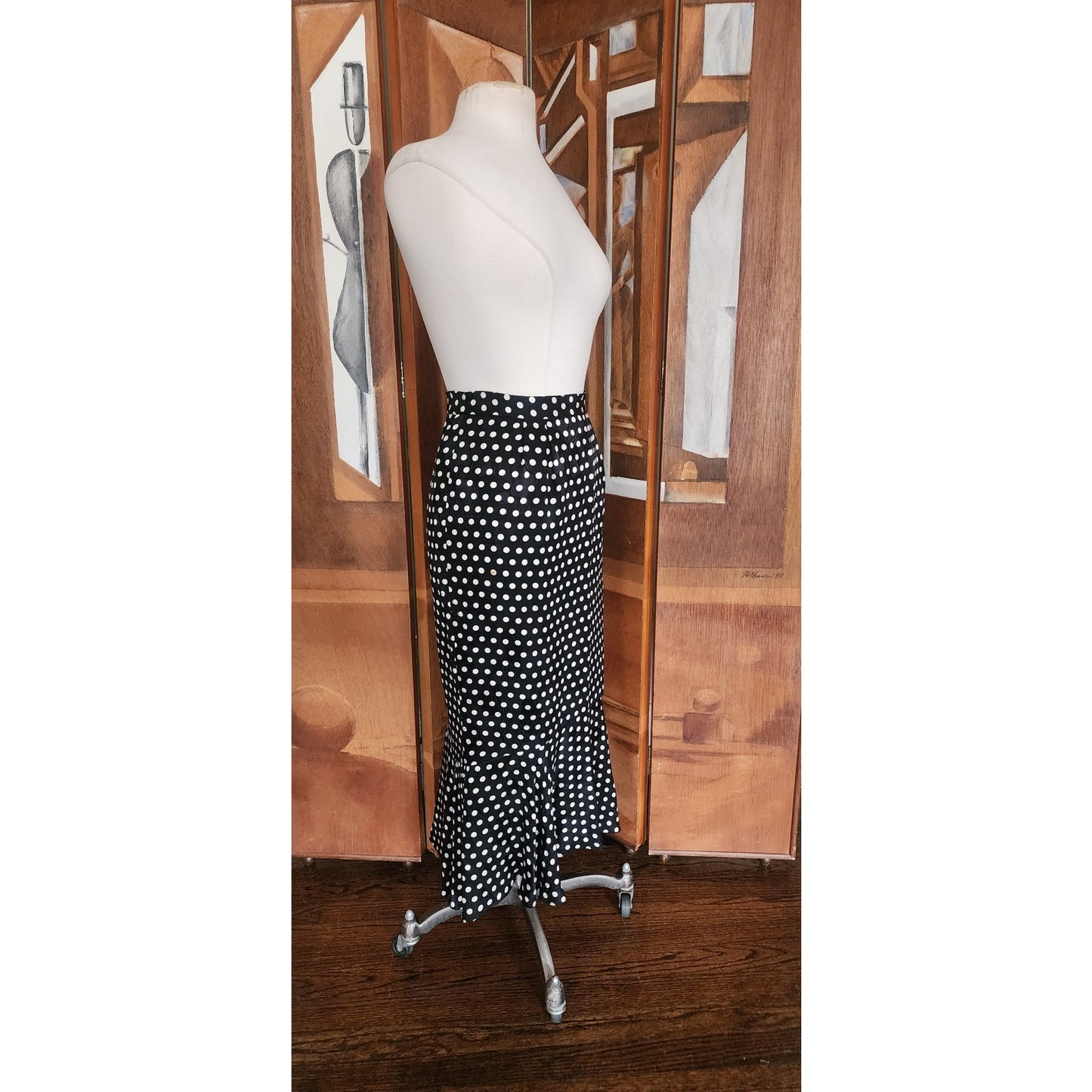 Vintage 80s Saint Romei Neiman Marcus Silk Polka Dot Peplum Jacket Fishtail Skirt Suit Set
