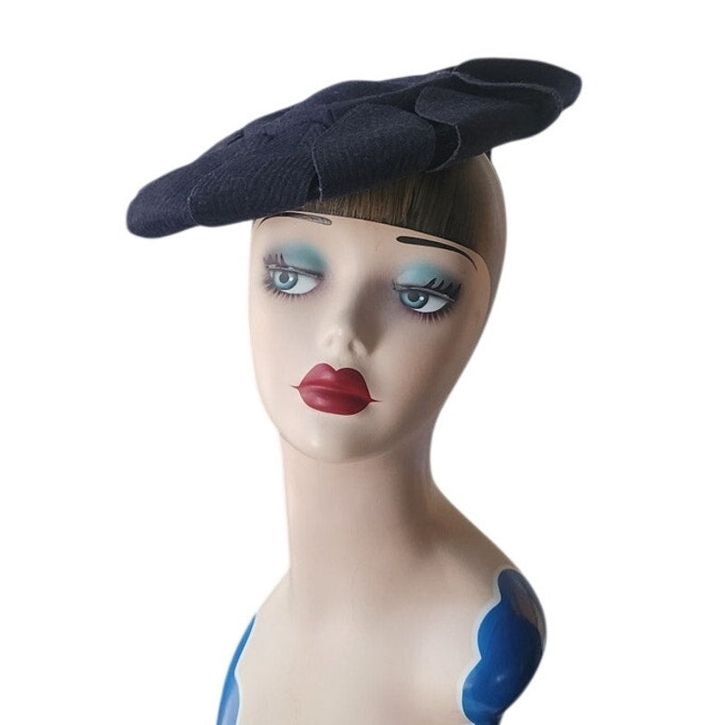 Vintage 1930s Tilt Hat Austelle Navy Blue Structured Saucer Modernist Sculpted