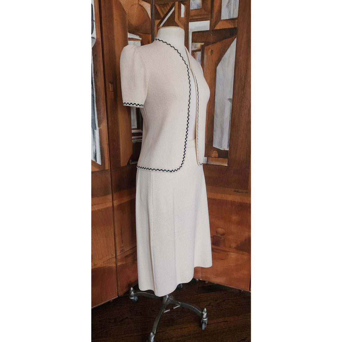 Vintage 1980s St. John Suit Jacket Cardigan Sweater + Skirt Set Cream Knit Marshall Fields