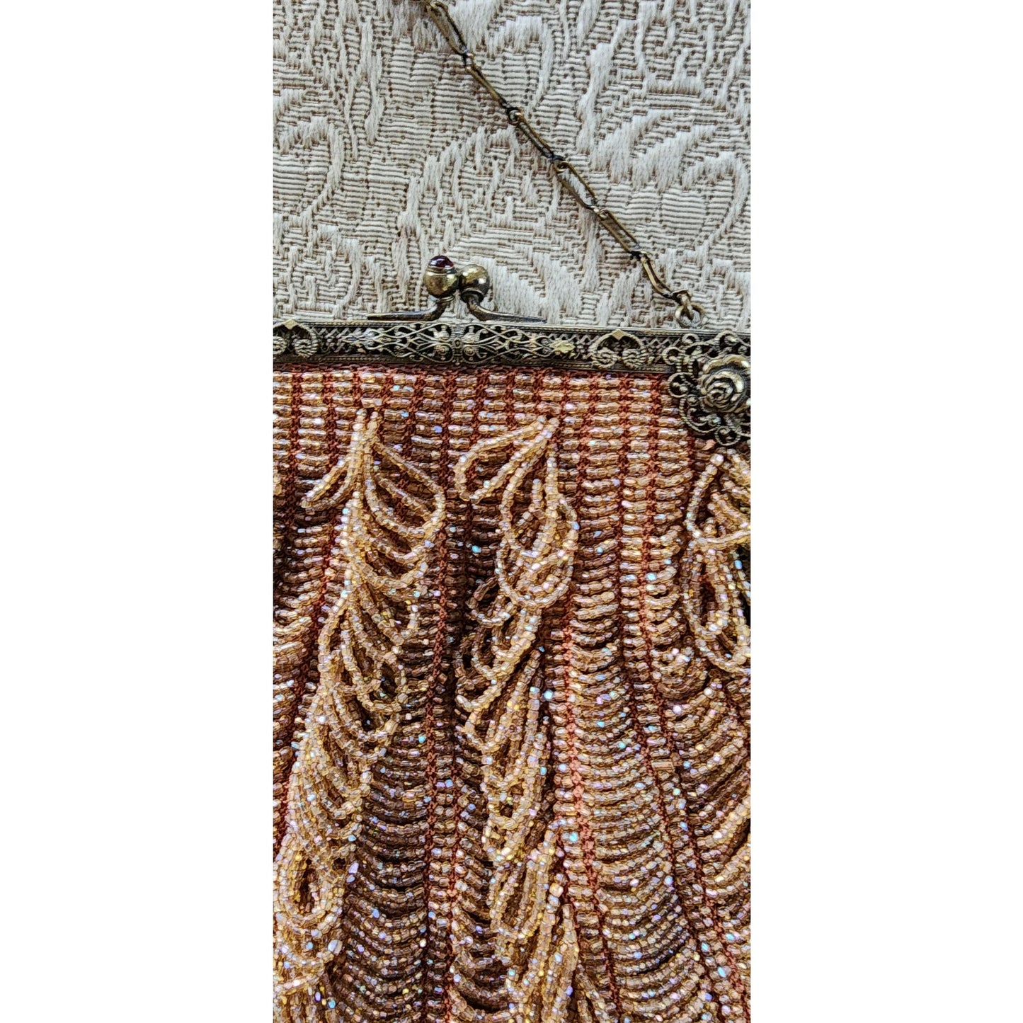 Vintage 1910s Glass Bead Bag Copper Looped Fringe France