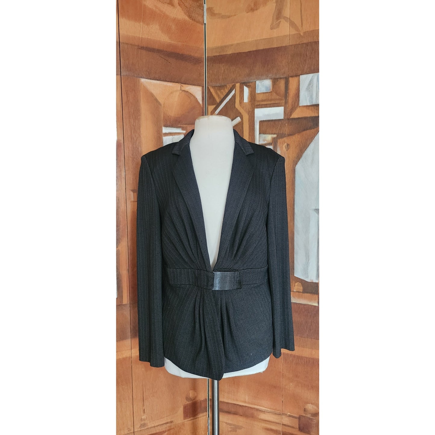 Vintage 2000s Armani Blazer Gray Herrinbone Wool Fitted Jacket Buckle Closure