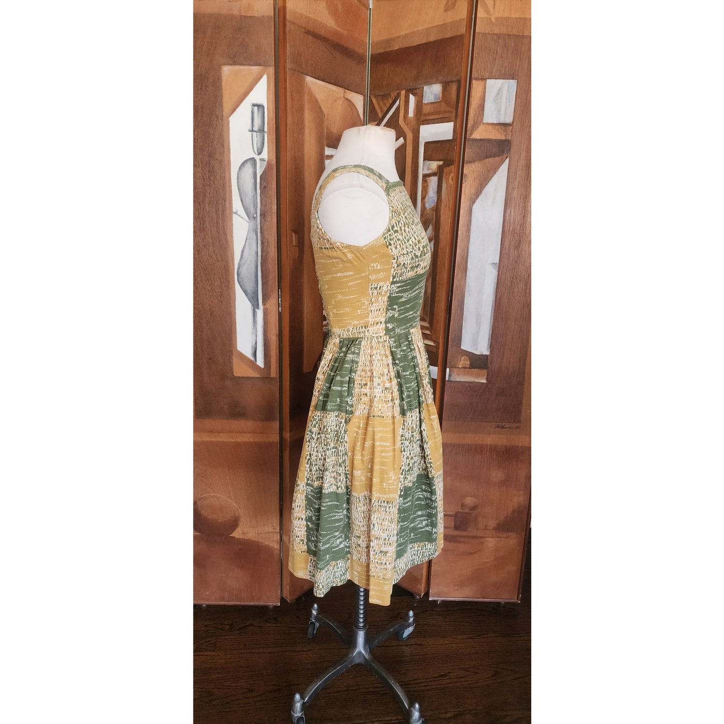 Vintage 40s 50s MCM Cotton Print Sun Dress Green Yellow Gingham Patchwork Rockabilly