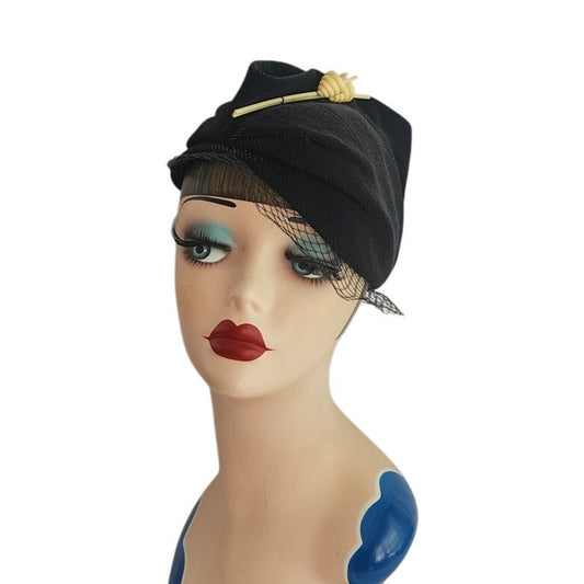 Vintage 30s Art Deco Style Hat Black w/Cream Lucite Modernist Design
