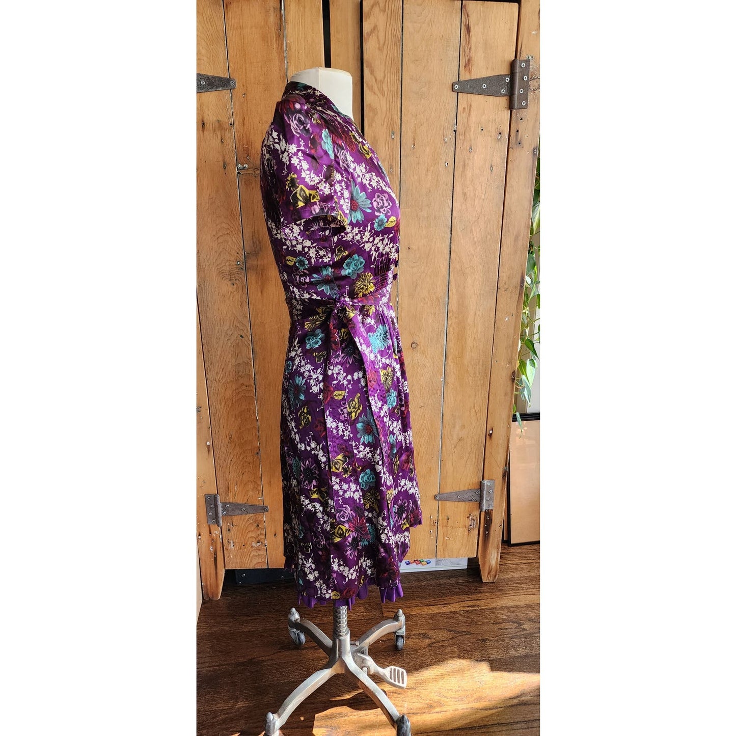 Vintage Betsey Johnson Purple Dress Floral Silkprint Puffed Sleeves