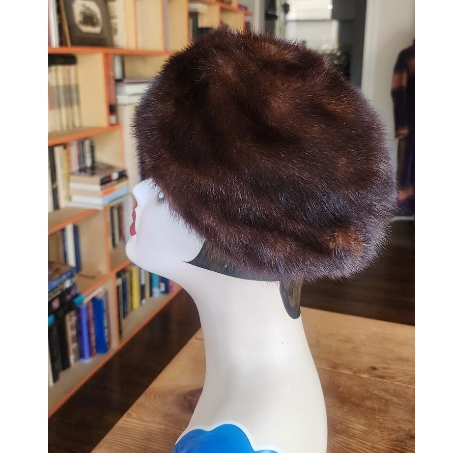 Vintage 1950s Mink Fur Hat Brown Tam Saks Fifth Avenue Rounded Crown Millinery Salon
