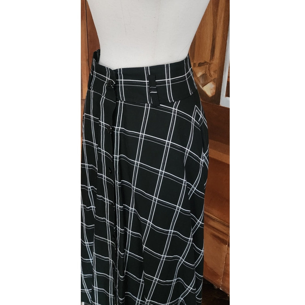 Vintage 90s Anne Klein II Black White Plaid Midi Skirt Linen / M