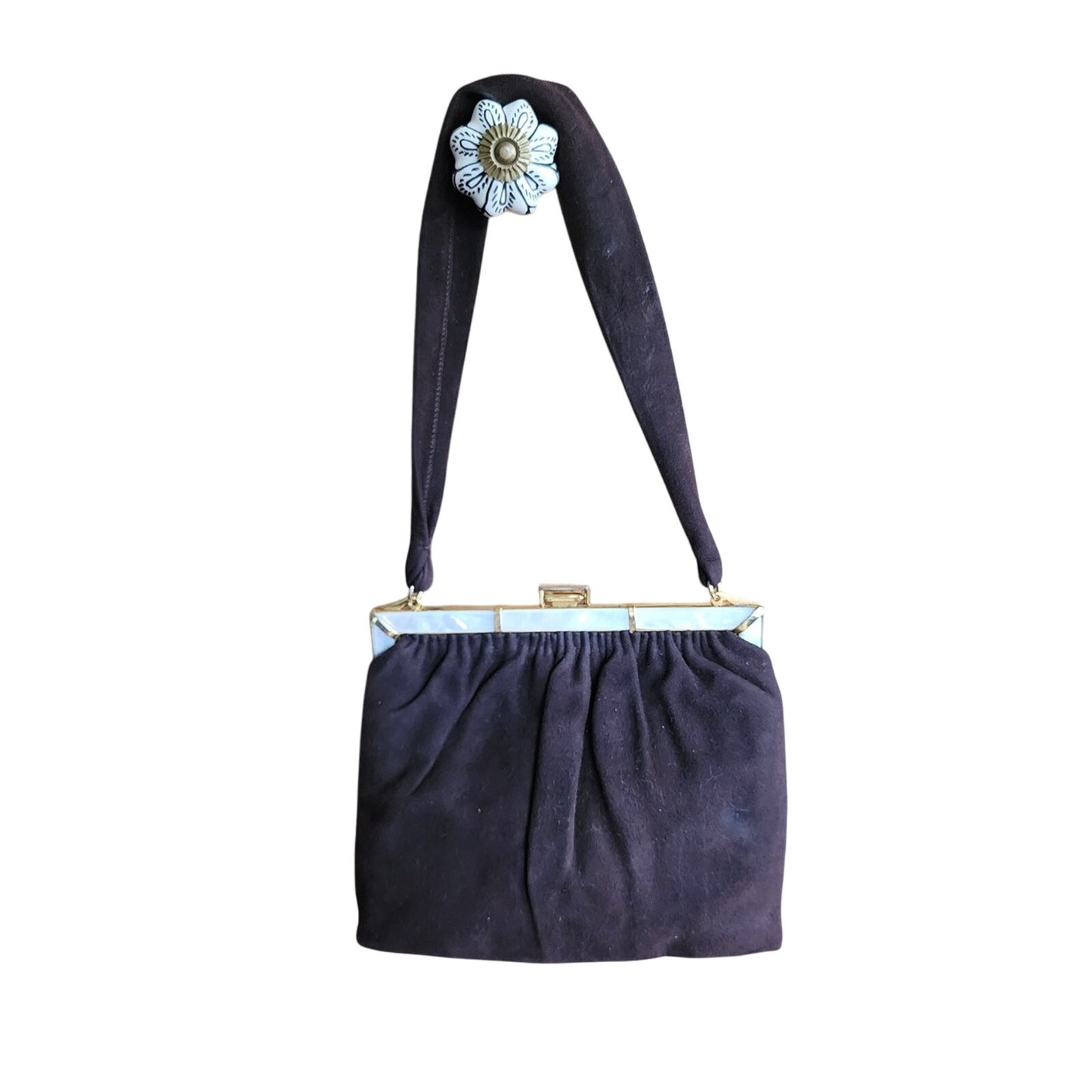 Vintage 1940s Brown Bag Brushed Suede Mother of Pearl Buechner
