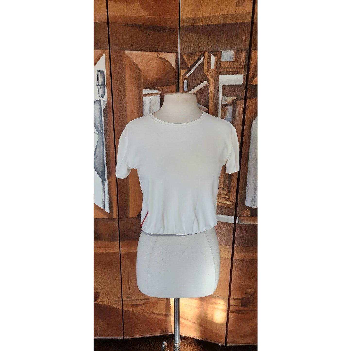 Vintage Y2K 90s Prada Linea Rossa Sport White Crop Top S/S Red Logo Panel