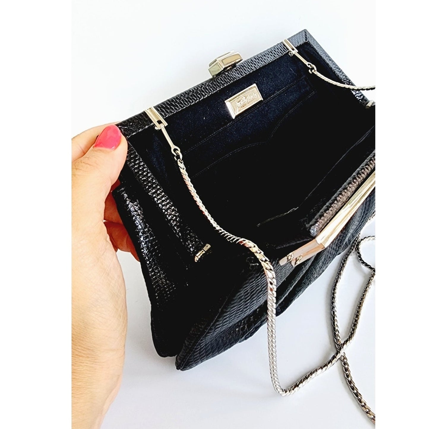 Vintage1980s Judith Leiber Bag Black Lizard w/Enamel Art Deco Panel