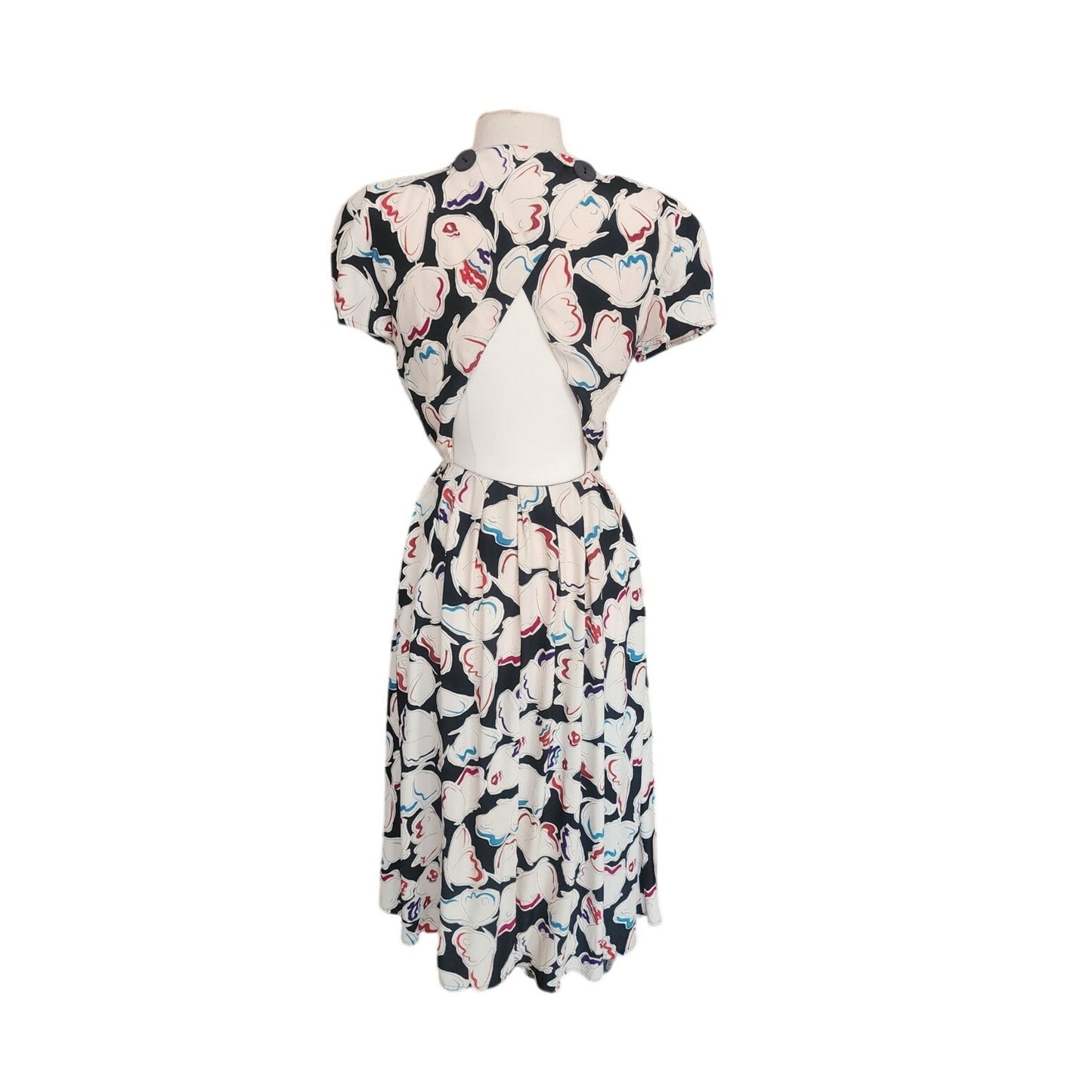 Vintage 1980s Krizia Dress Silk Puff Sleeve Open Back Geometric Abstract Midi