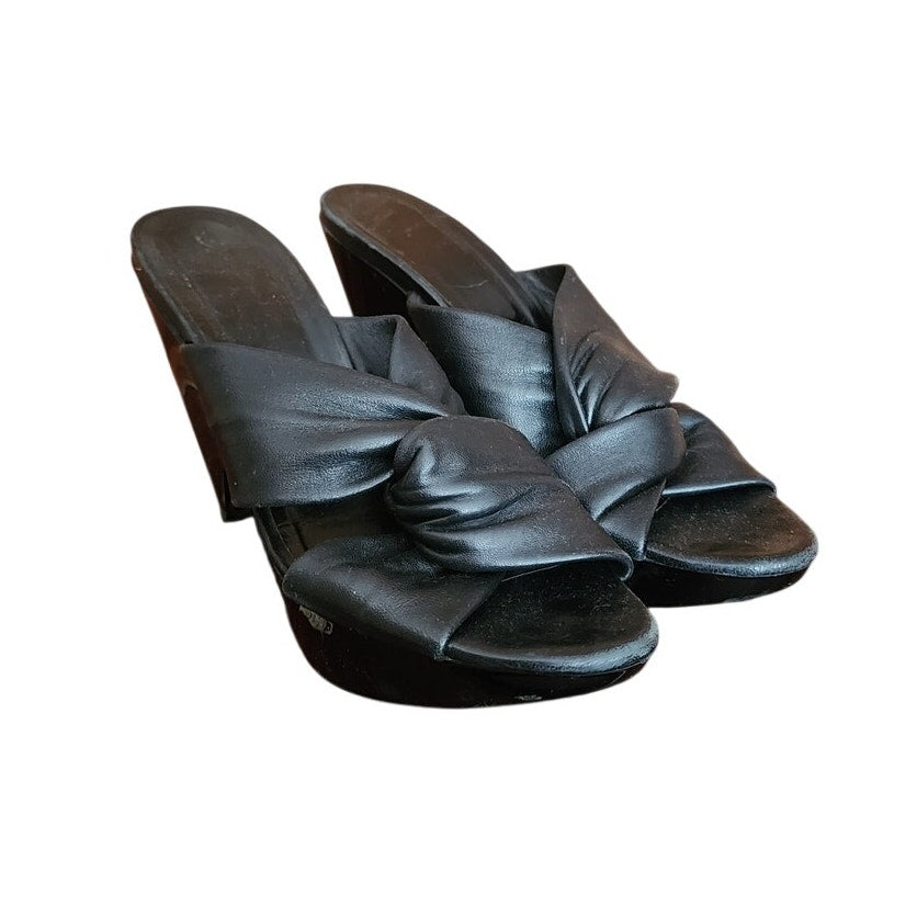 Vintage Robert Clergerie Slides Heels Black Leather Architectural Wedge Sandals Size US 6