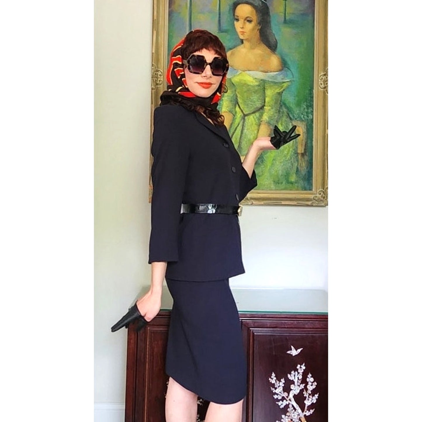 Vintage 1990s Armani Skirt Suit Black or Dark Navy Blue Wool / S