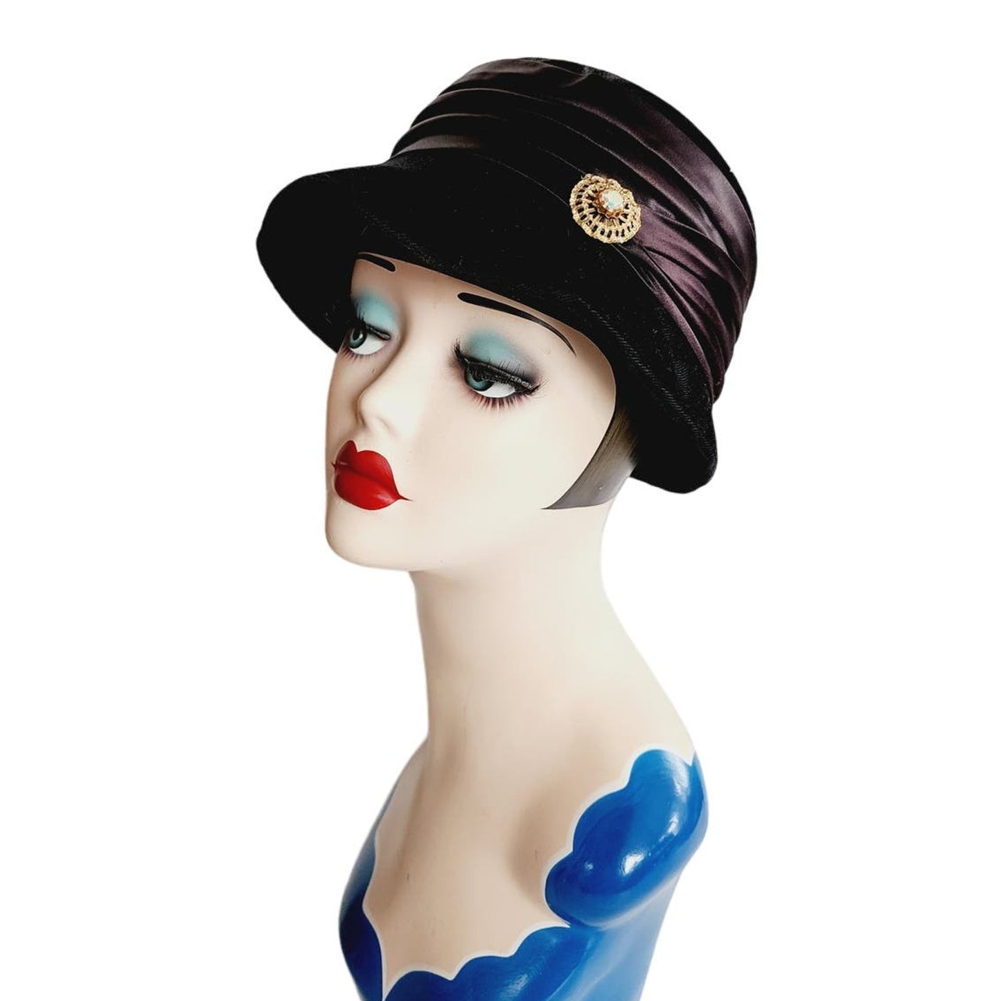 Vintage 1960s Black Hat in 20s Cloche Style Velvet Rhinestone by Joal