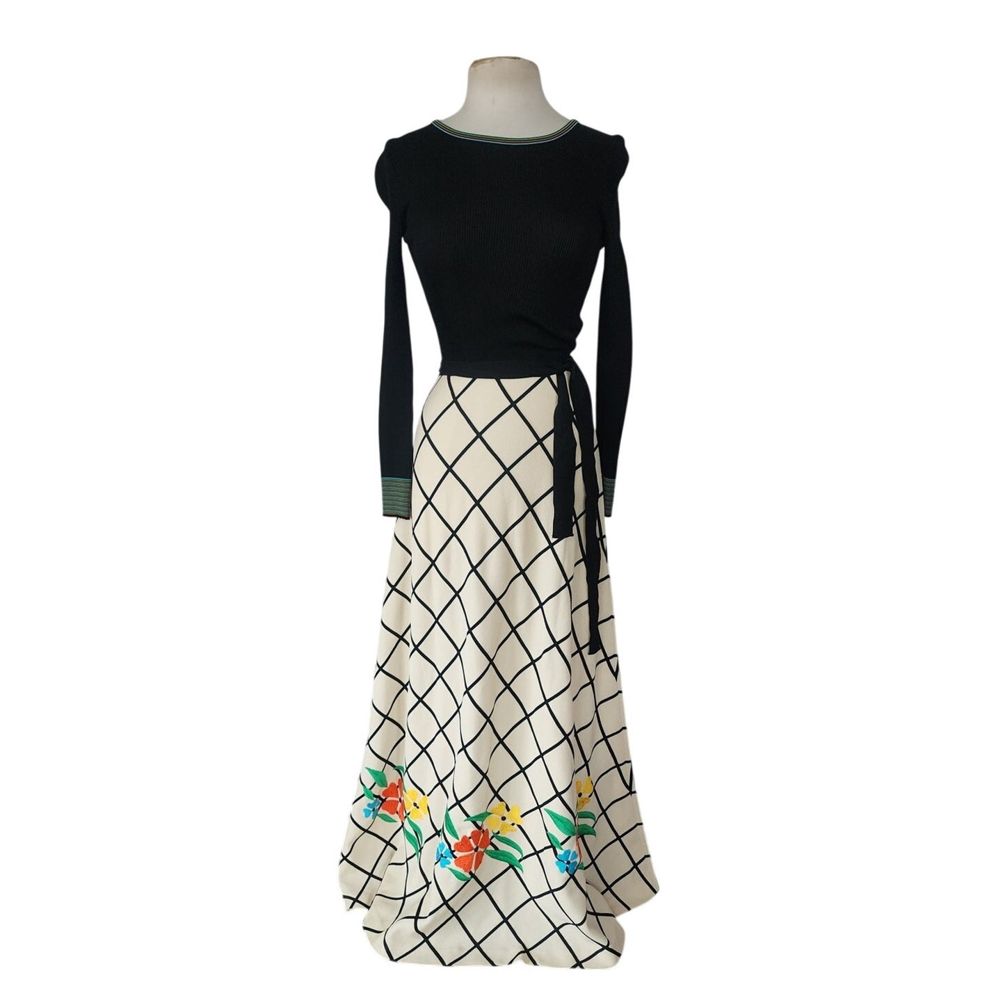 Vintage 70s Boho Maxi Dress Black Knit Top Cream Windowpane Skirt Floral Crissa Italy
