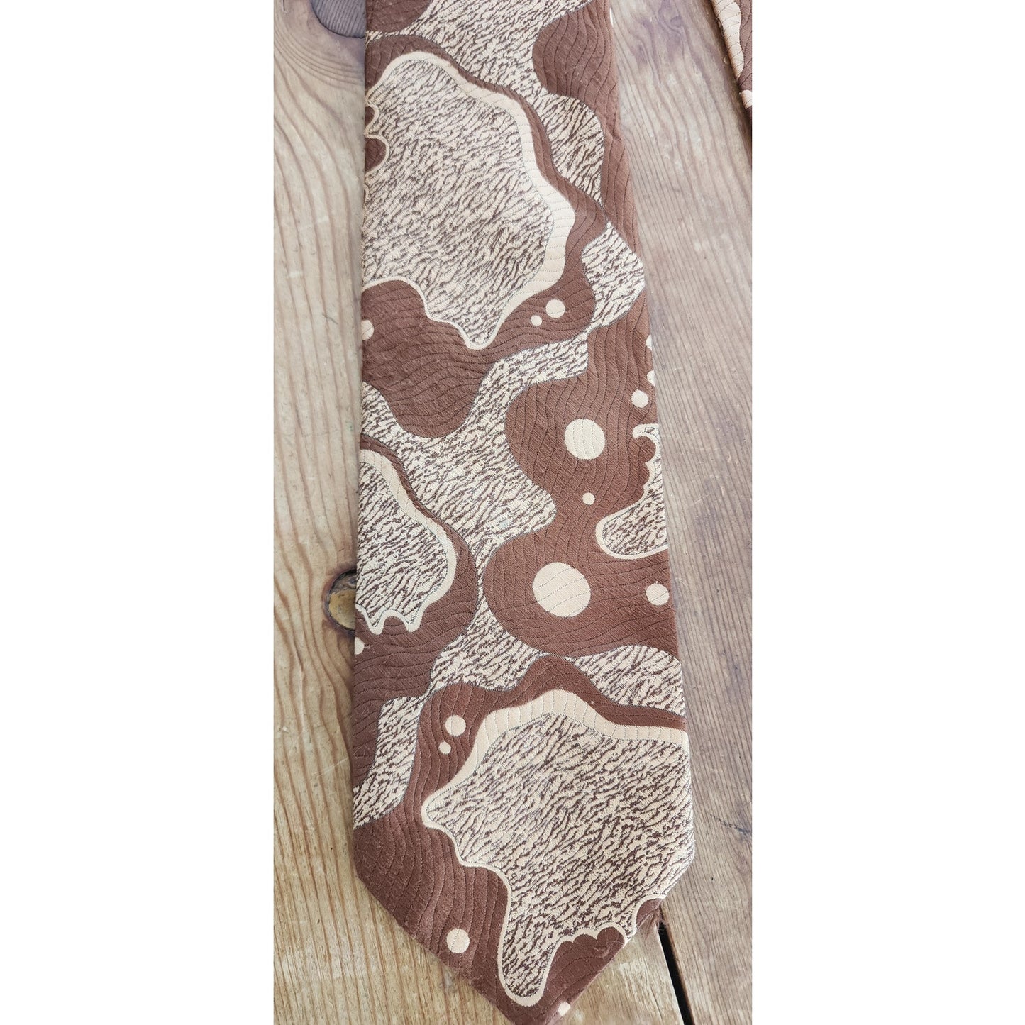 Vintage 60s Mens Necktie Psychedelic Brown Beige Print Abstract Plasma