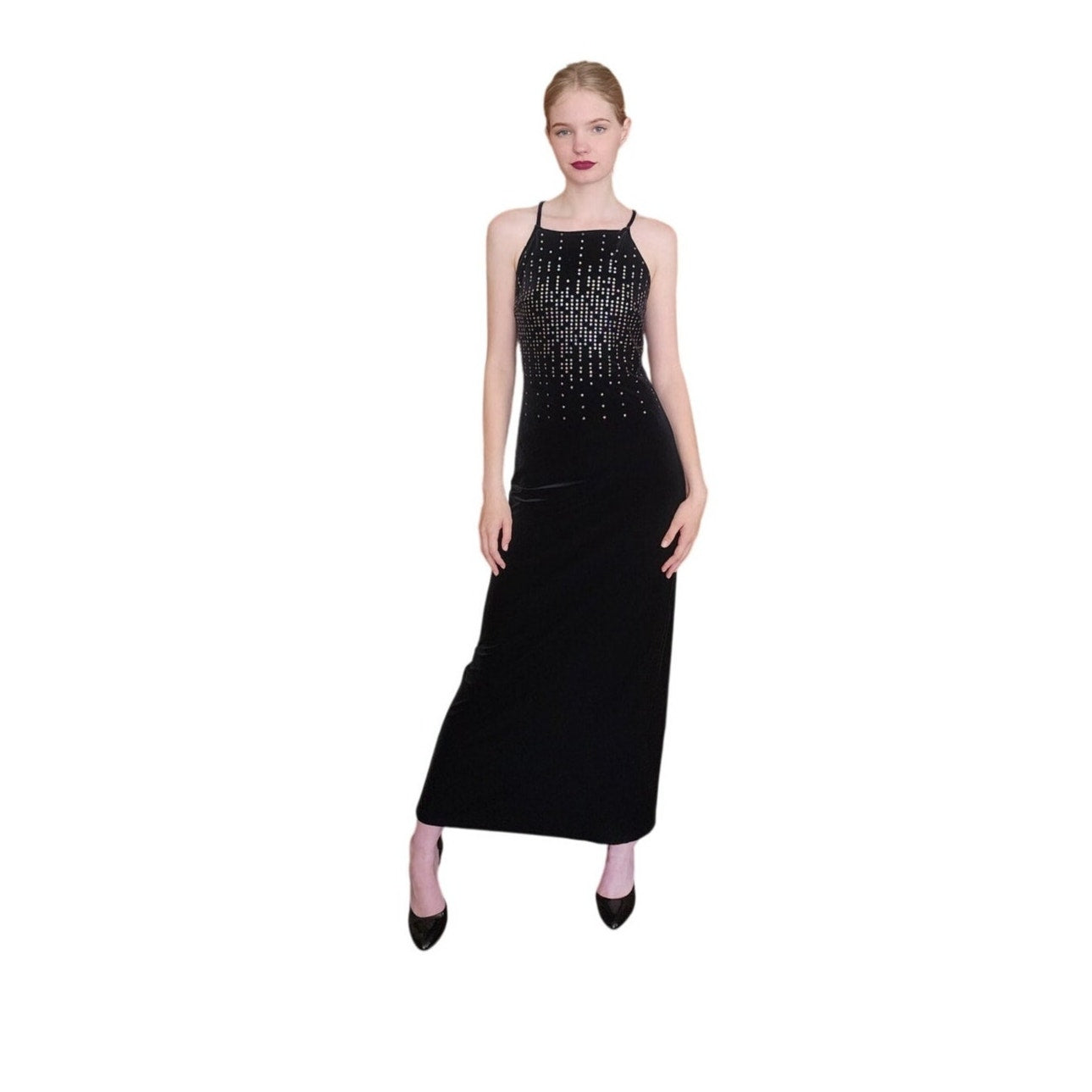 VTG 90s Y2K Aspeed Dress Black Velvet Rhinestone Studs Halter Maxi Gown Prom M