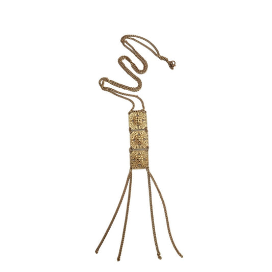 Vintage 70s Boho Necklace Gold Filigree Chained Fringe