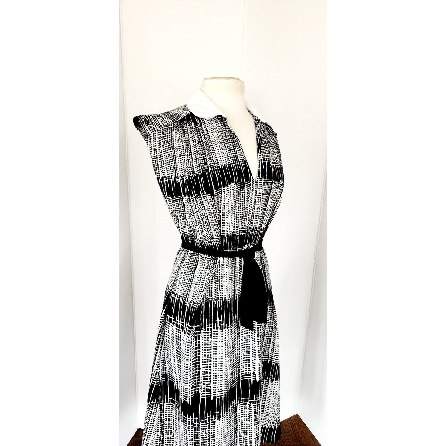 Vintage 70s Day Dress Black White Stripe, Belted,  Lady Page