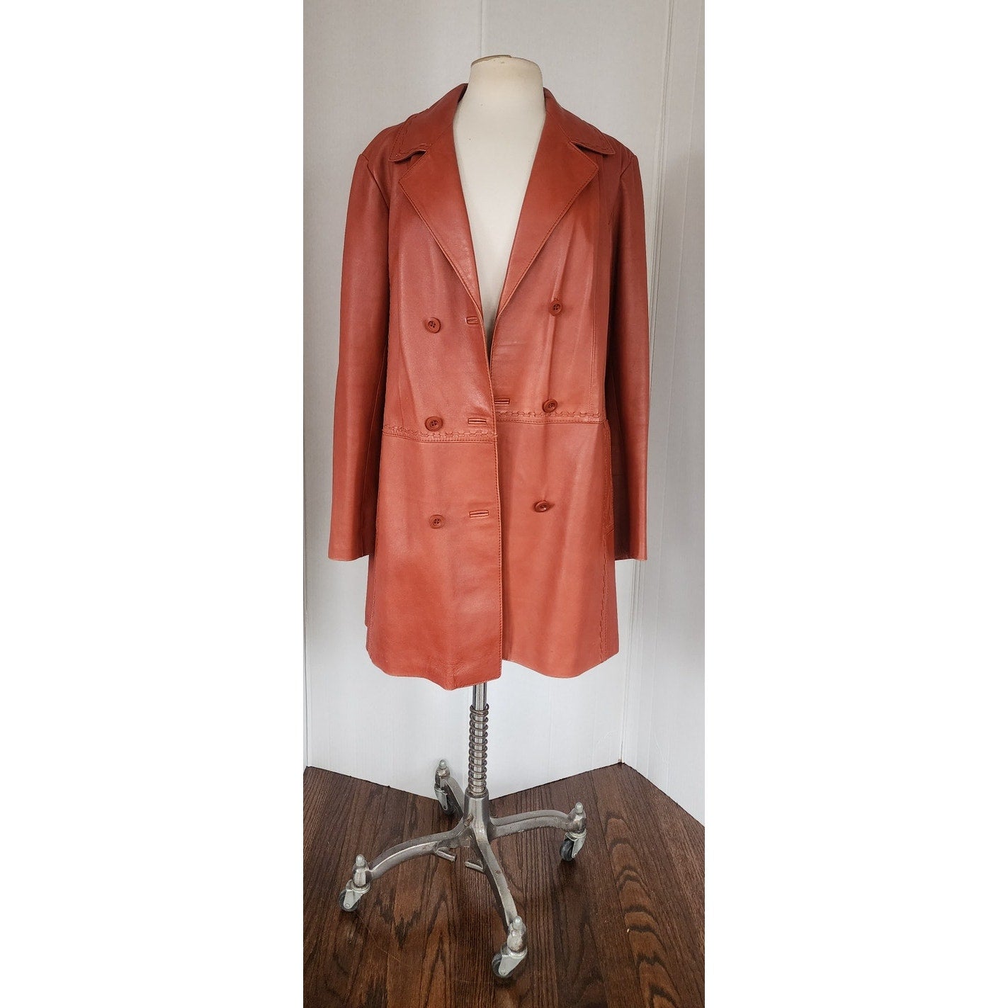 Vintage 70s Brown Leather Coat Hip Length Double Breasted / L