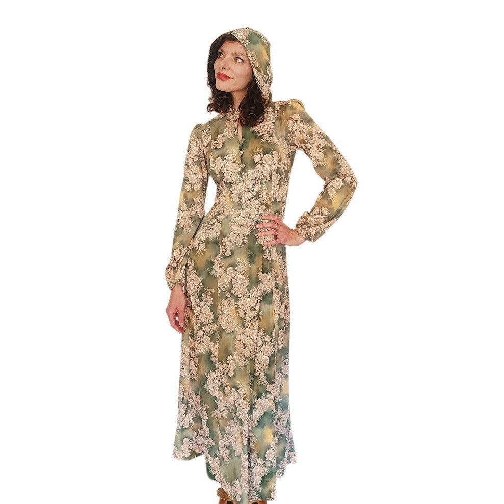 Vintage 1970s Kristie Lou Dress Hooded Floral Maxi Long Sleeve Woodland Fairy