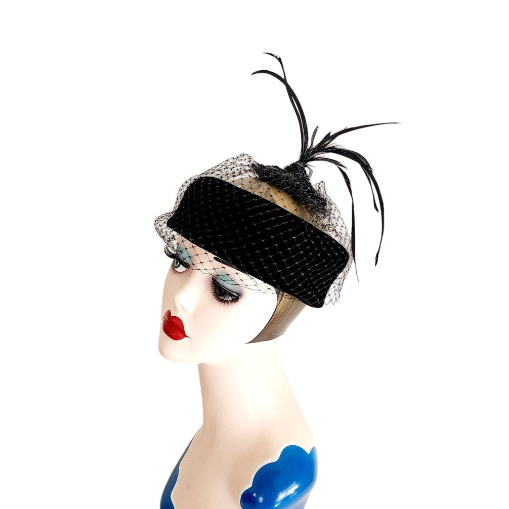 Vintage 50s Black Cocktail Hat Velvet Pillbow w/Mesh and Tall Feathers