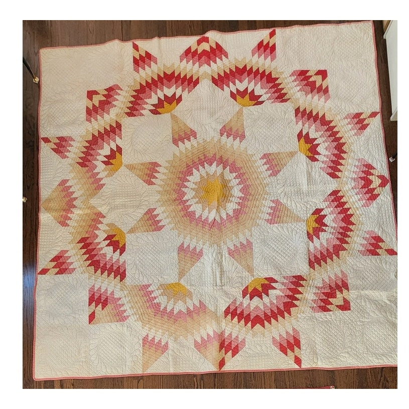 Antique American Quilt 1800s Broken Star Feather Wreath Hand-Quilted Cotton Pink Cheddar