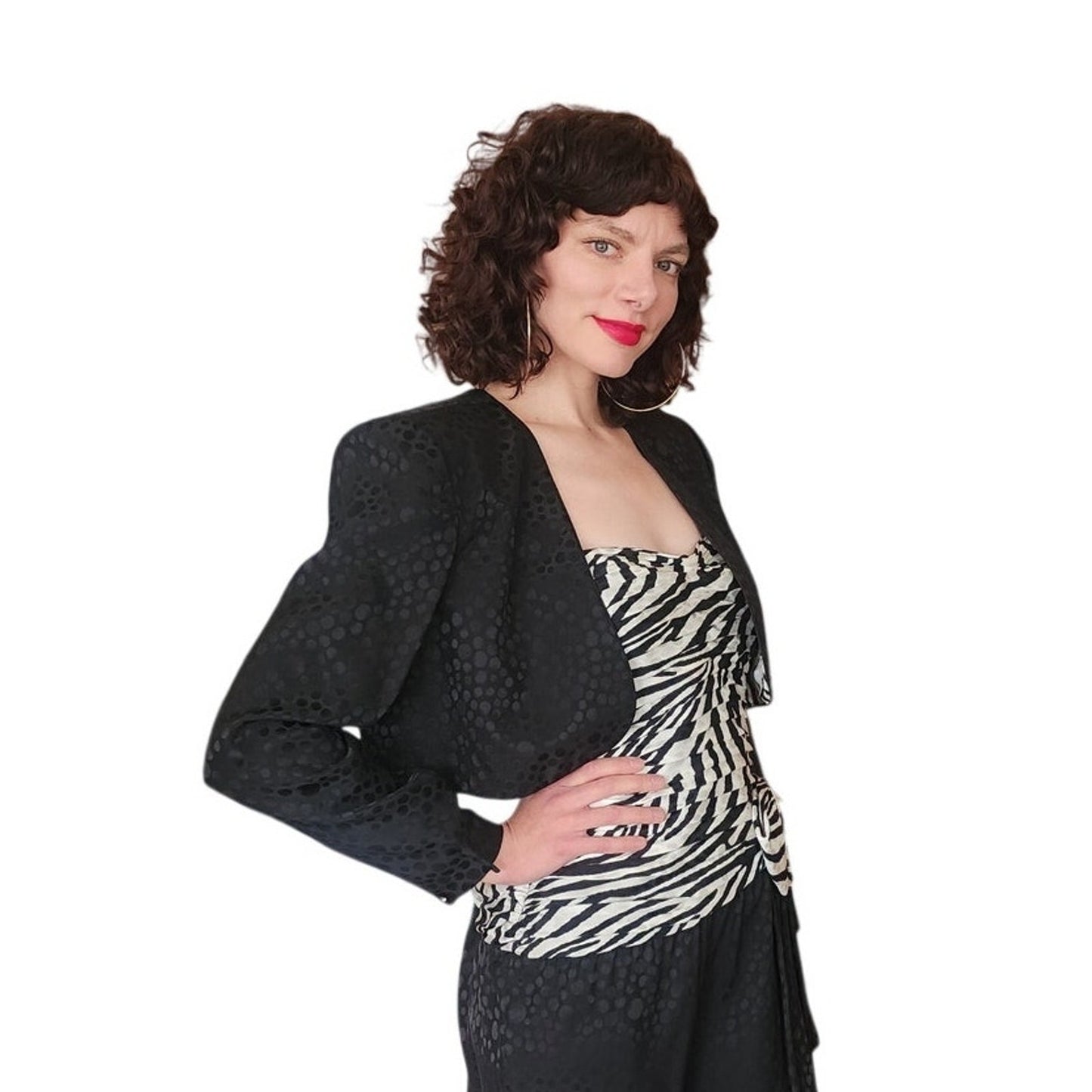 Vintage 1980s AJ Bari Strapless Dress Bolero Jacket Suit Set Zebra Print Black White Silk / M