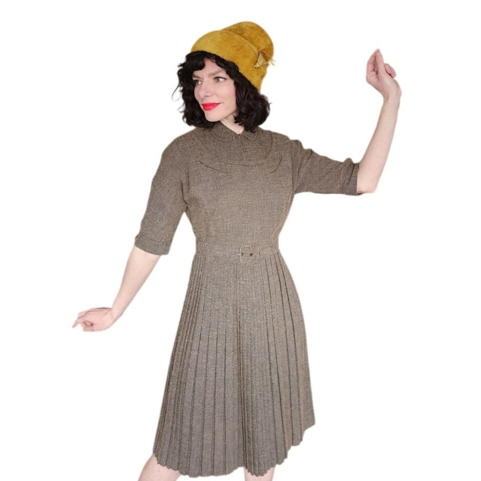 Vintage 40s Brown day Dress w/Belt Nubby Texture Kabro of Houston