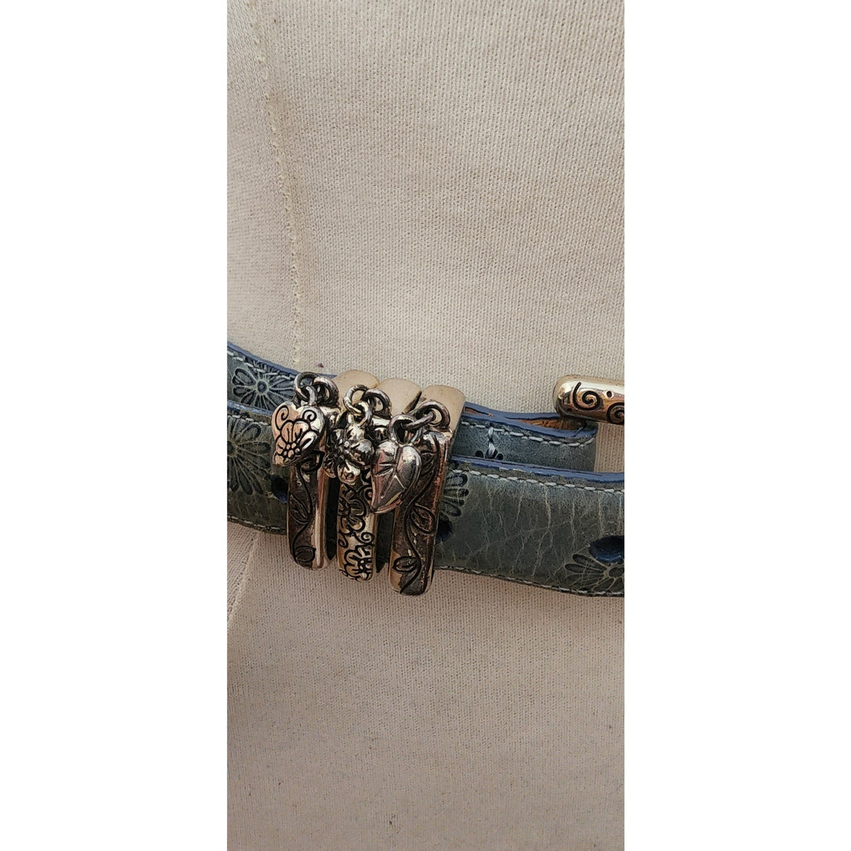 Vintage 1990s Brighton Belt Baby Blue Tooled Leather Silver Charms Waist 28