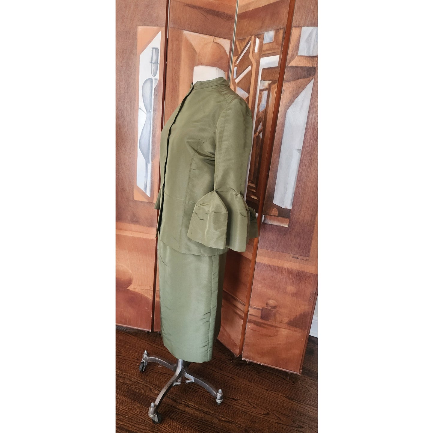 Oscar de la Renta Skirt Suit SS 2008 Green Silk Taffeta Peplum Blazer Bell Cuffs