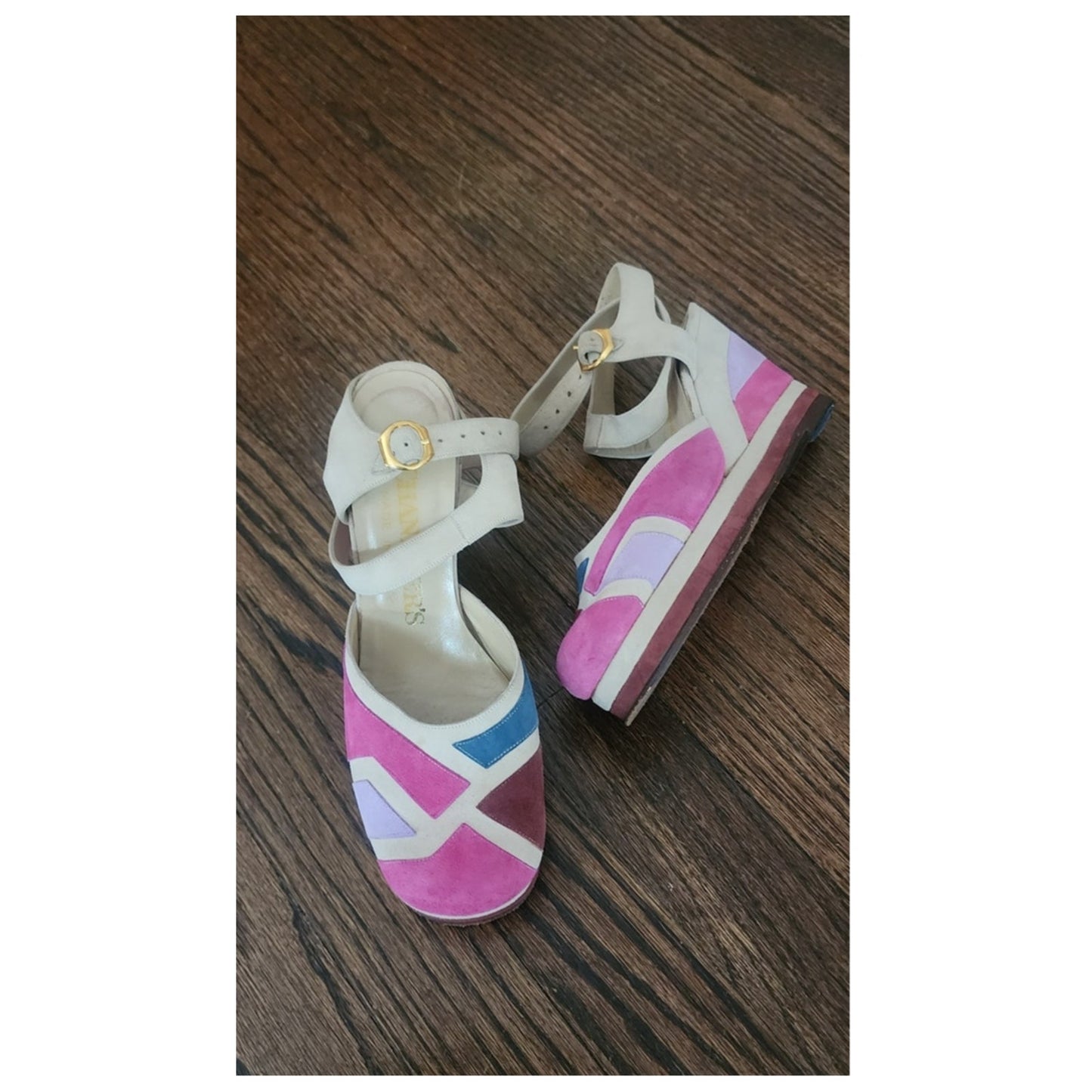 Vintage 1970s 80s Shoes Patchwork Suede Sandals Wedge Heel Pink Purple Blue 6