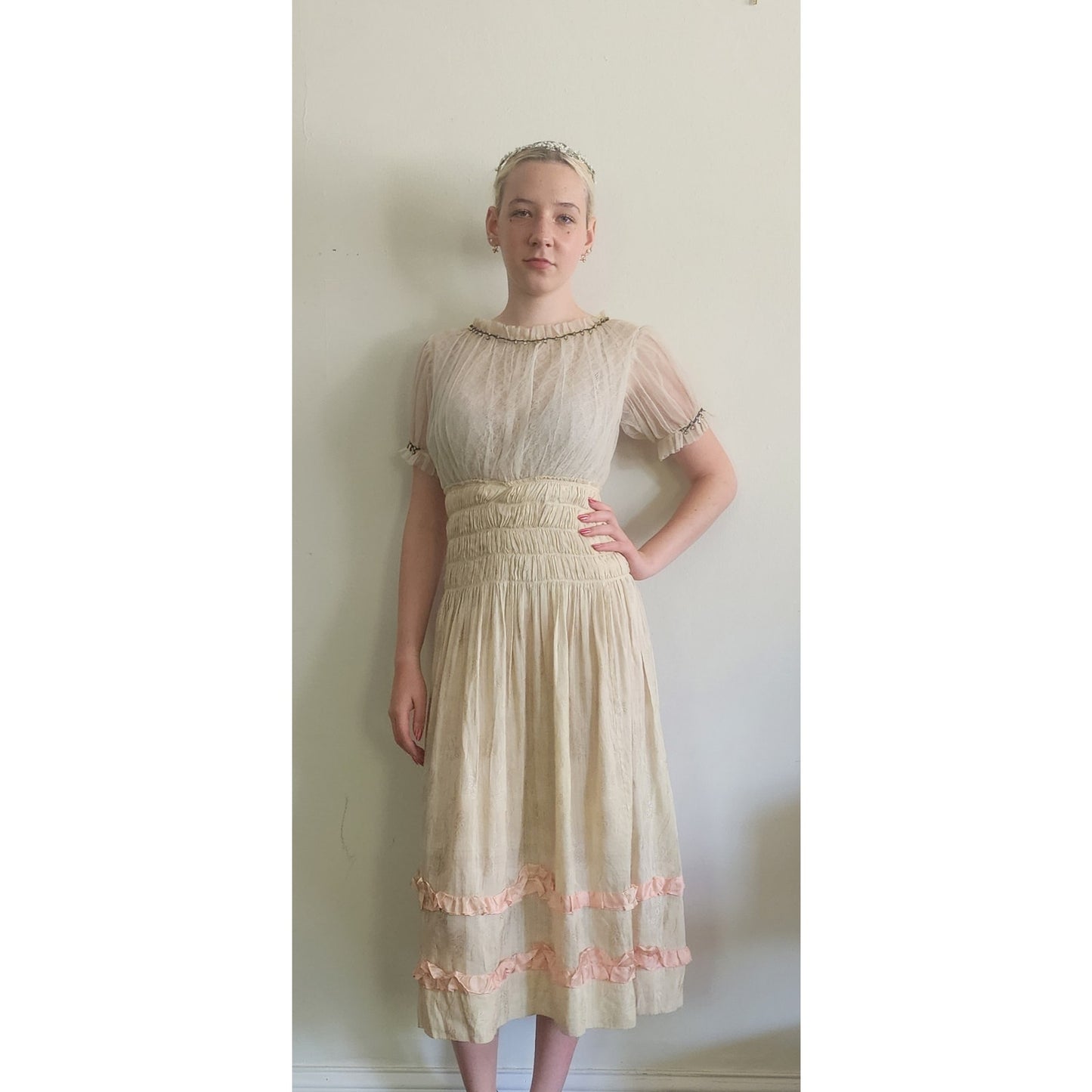Vintage 1930s Cream Silk Dress Lace & Rhinestone Embroidery