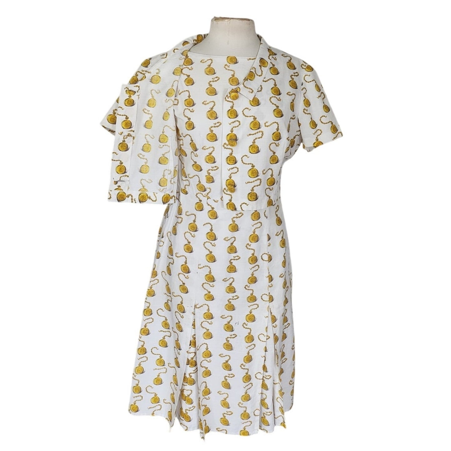 Vintage 60s Clocks Novelty Print Dress + Jacket Set Gold Pocket Watch