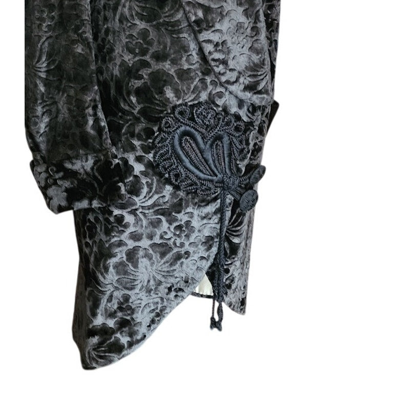 Antique 1910s 20s Edwardian Art Deco Black Textured Silk Velvet Opera Coat Frock Jacket with Silk Chord Knot Closure