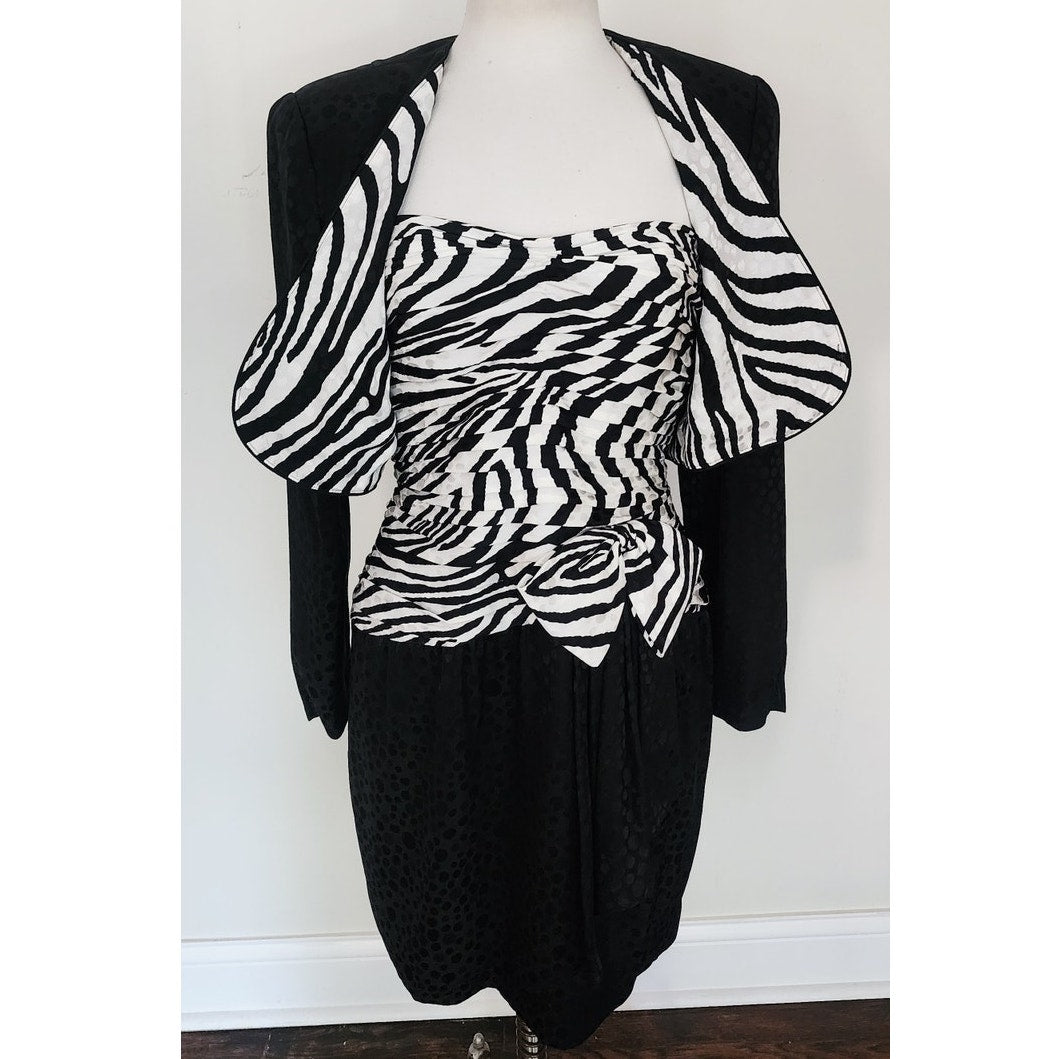 Vintage 1980s AJ Bari Strapless Dress + Bolero Jacket Suit Set Zebra Print Black White Silk / M