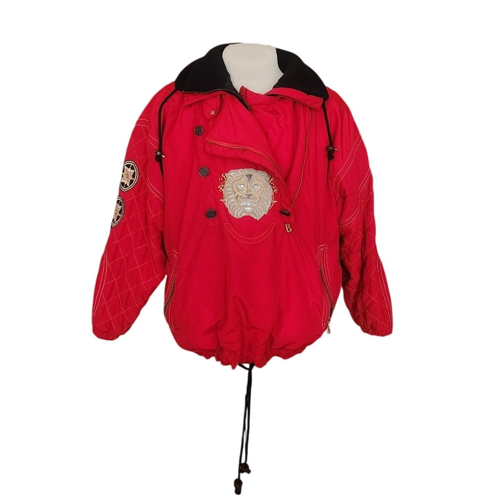 Vintage 1990s Bogner Ski Jacket Goan Thylmann Red Alpine Parka Lion Emblem Fleece Liner