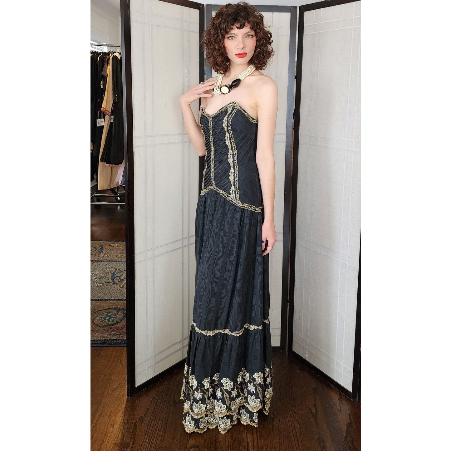 Vintage Strapless Evening Dress Black Gold Brocade Lace Trim