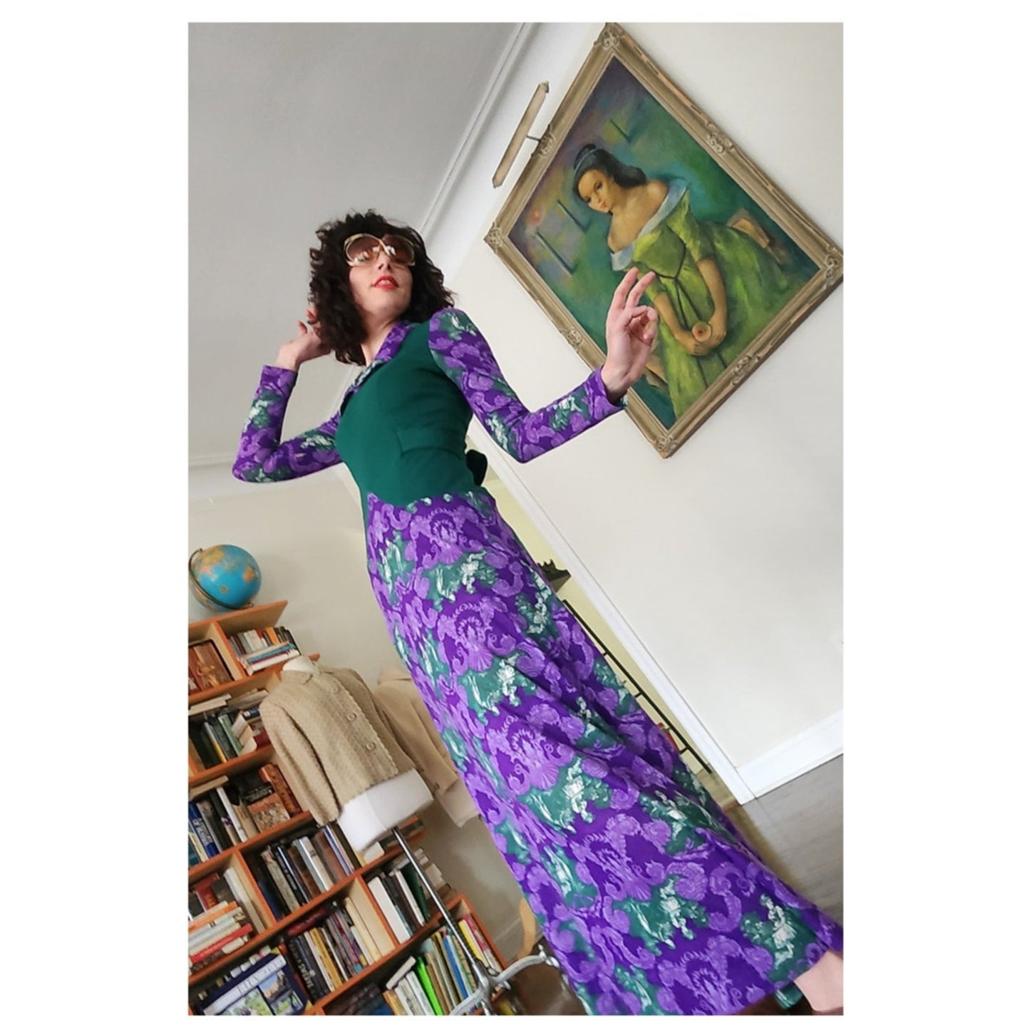 Vintage 70s Maxi Dress Purple & Green French Toile Print Baroque Rococo
