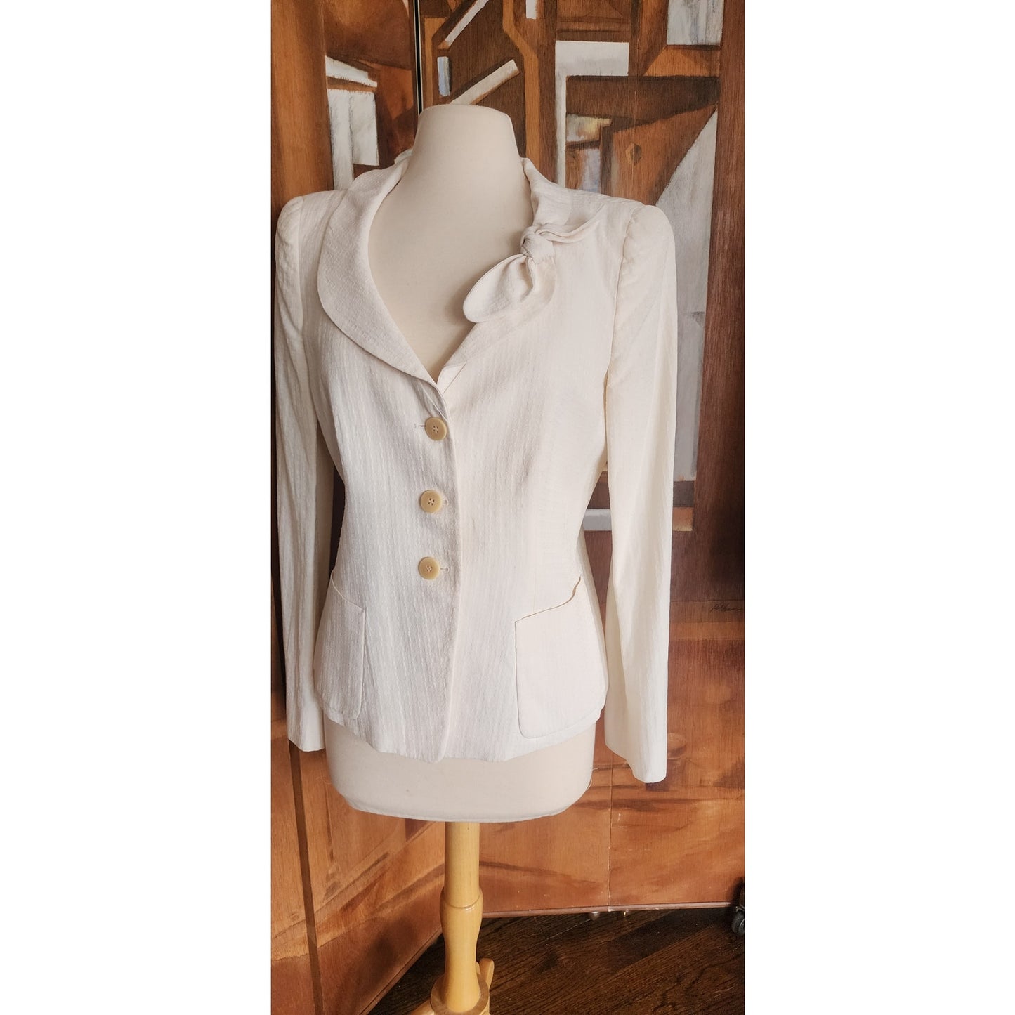 Vintage 2004 ARMANI Blazer in Cream Off White w/Bow Fitted Jacket / Large