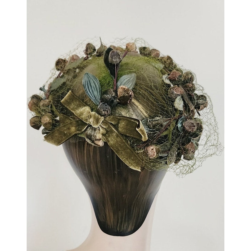 Vintage 1950s Green Hat Floral Fruit Crown Circlet Fascinator w/Veil by Chapette