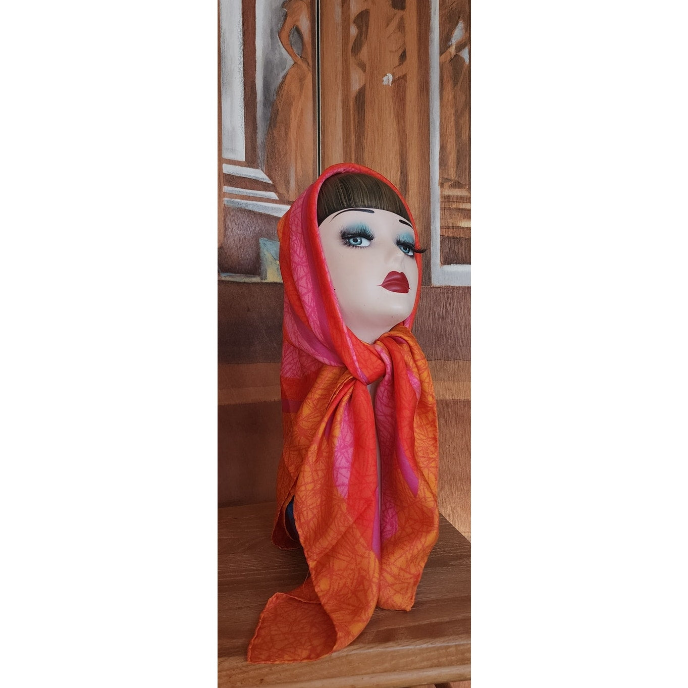 Vintage 70s Liberty of London Silk Scarf Large Orange Pink Diagonal Stripe