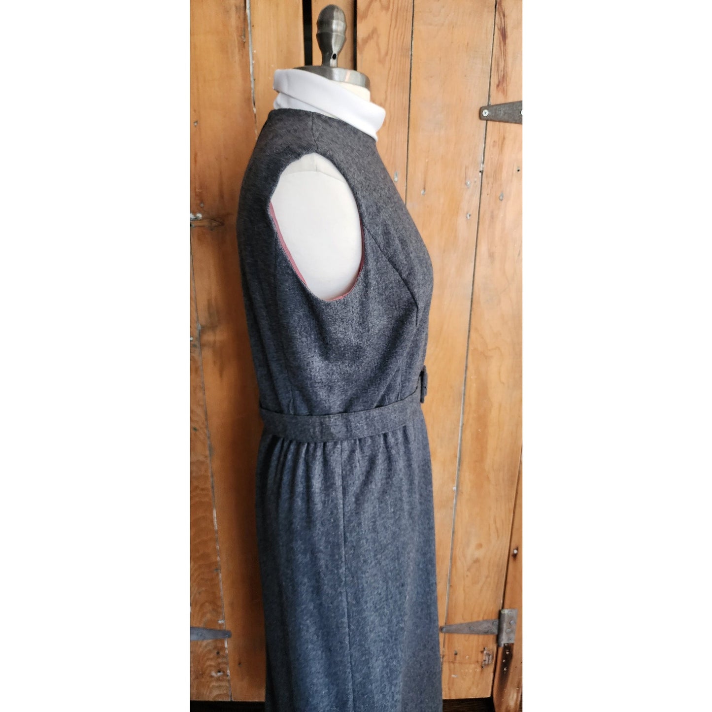 Vintage 60s Gray Wool Day Dress Belted Sleeveless Stephan Casuals