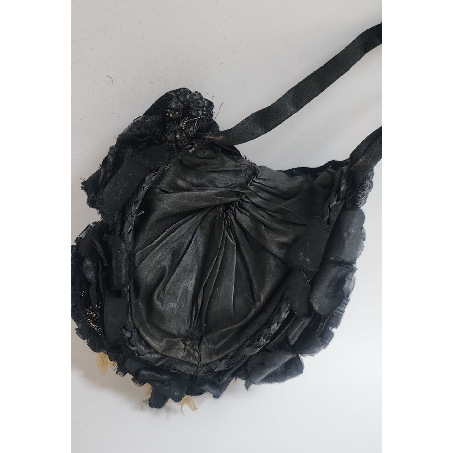 Antique Victorian Hat Black Satin w/Cream Silk Flowers 1800s 19th Century