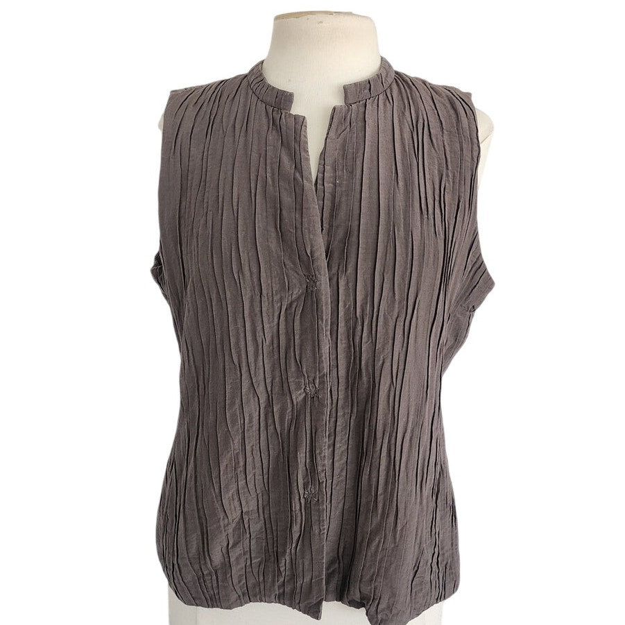 Eileen Fisher Sleeveless Top Vest Crinkled Brown Gray Cotton Silk / M