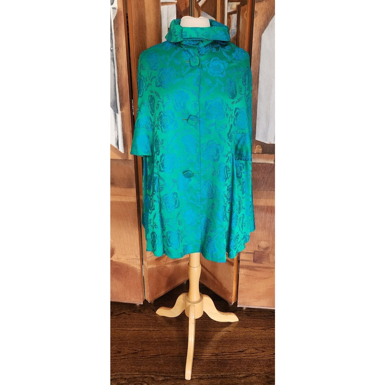 Vintage 60s Swing Coat Short Cape Style Jacket Blue Floral Brocade