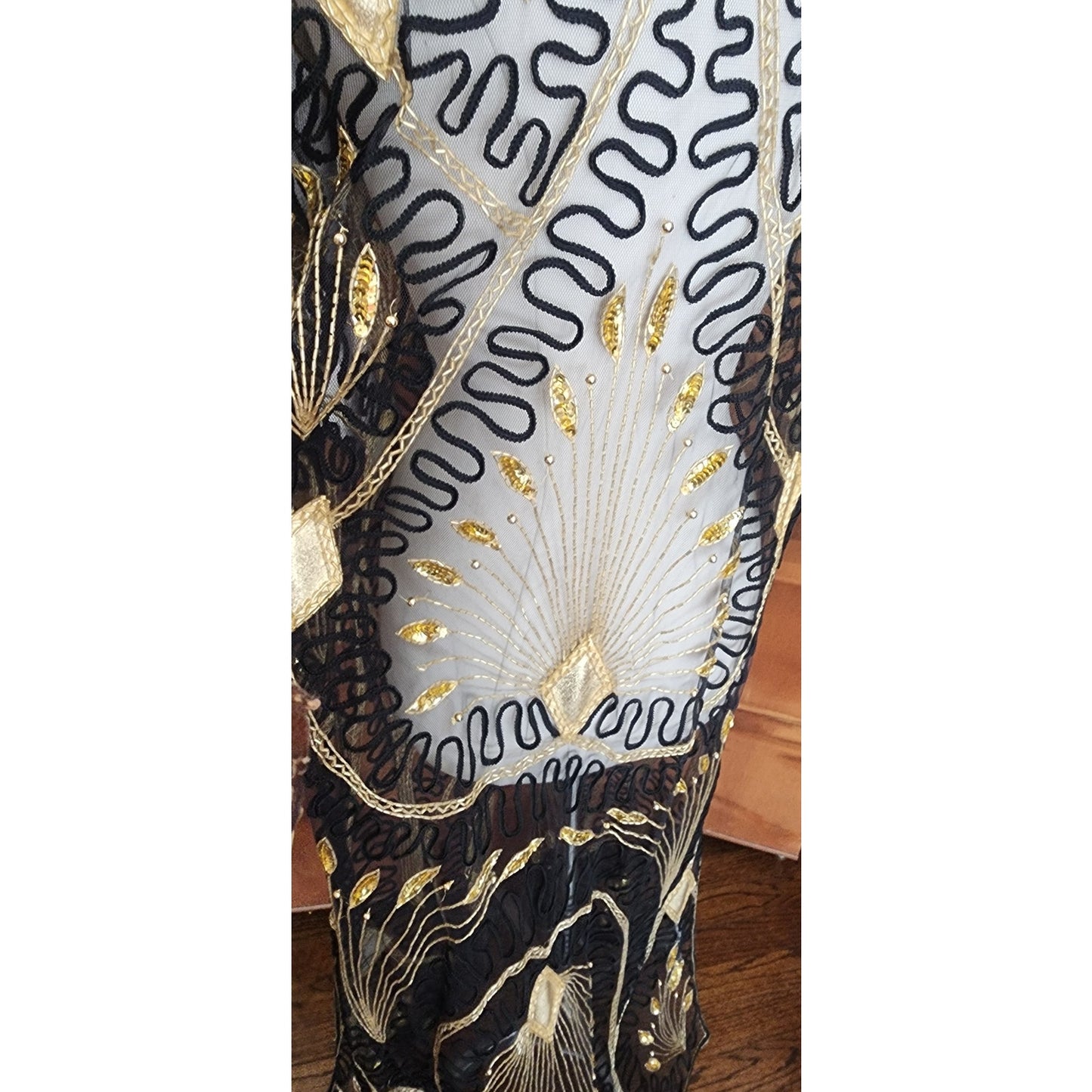 Vintage 80s Tan Chho Duster Sheer Coat Beaded Sequined Embroidered Evening Jacket Black Gold