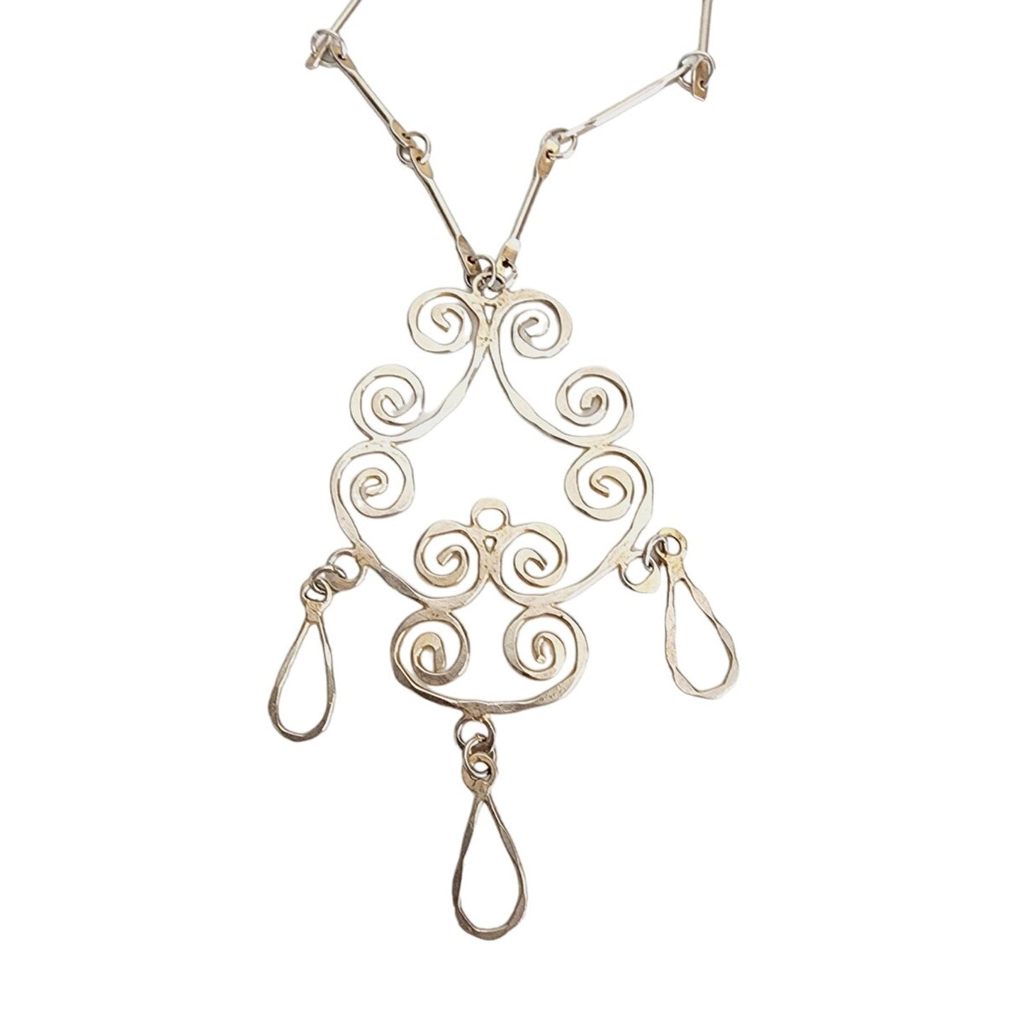 Vintage 60s Boho Pendant Necklace Spiral Scrolls Baroque Statement Jewelry Maximalist