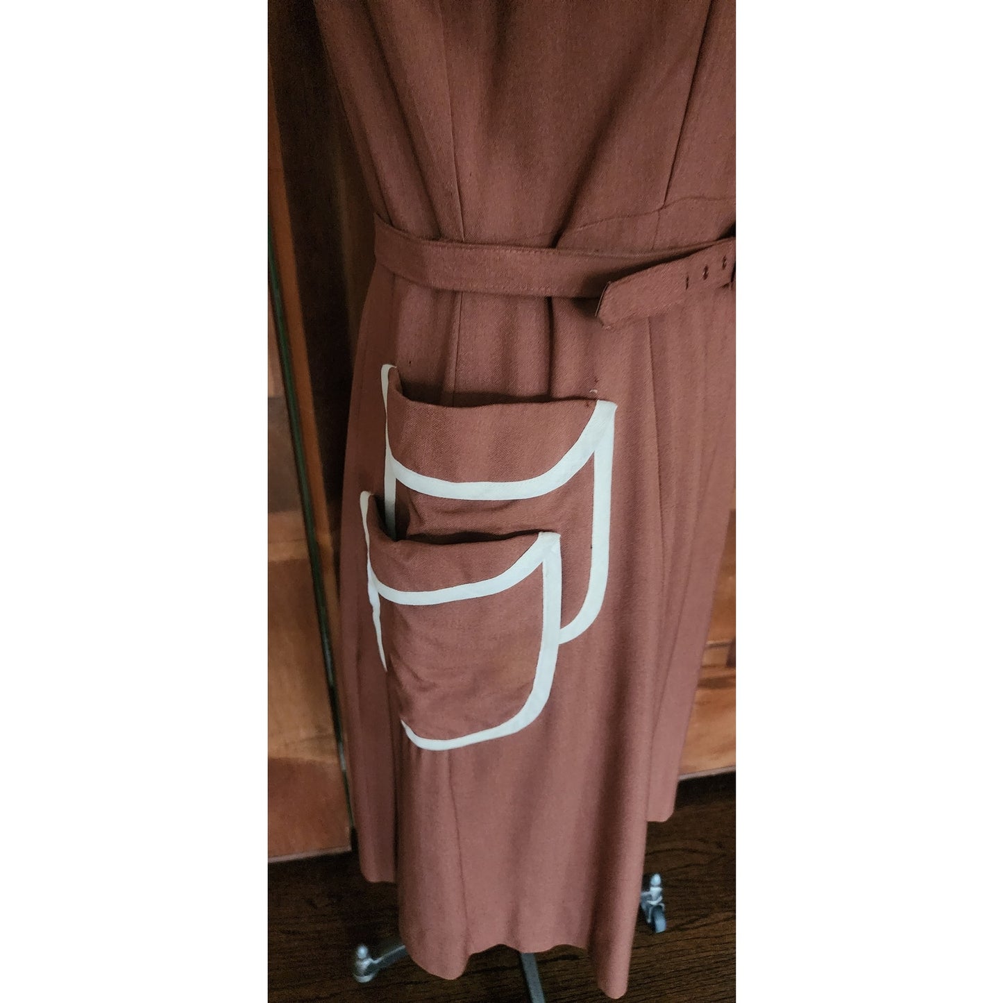 Vintage 40s Belted Day Dress in Brown & White Trim Unusual Double Pocket Design by Dawncrest